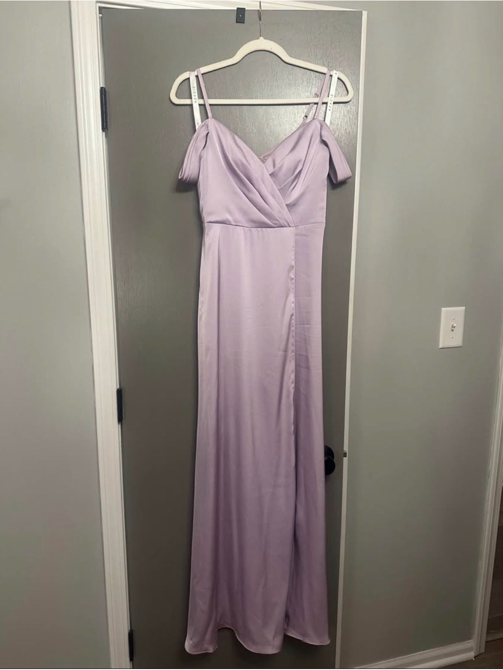 Azazie Frosted Lilac Satin Off-Shoulder V-Neck Bridesmaid Maxi Dress w/ Slit